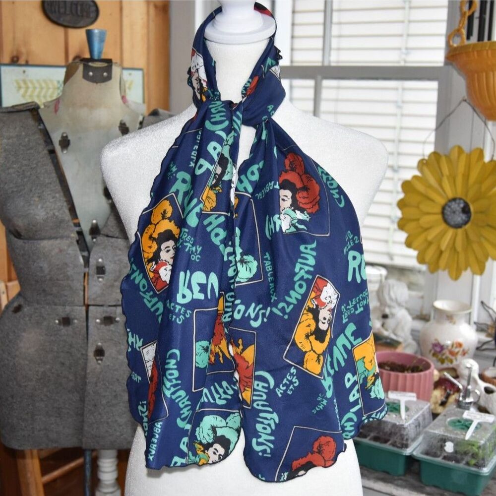 Vintage Paris Cabaret Scarf Art Deco French Novelty Print Blue Long Oblong Wrap